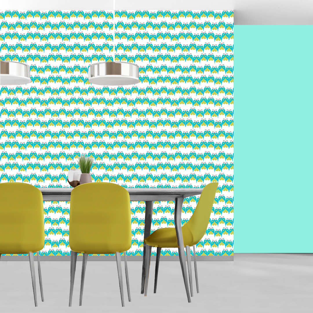 The artwork features a repeating geometric pattern of symmetrical shapes resembling elongated, curved diamonds or petals in various shades of blue and green. Each shape is split vertically with one half filled with a light blue and the other half filled with green or darker blue. The background is a light, almost pastel blue, which provides a soft yet vibrant backdrop. One of the blue shapes near the upper left contains a white starburst element, adding a focal point of brightness to the composition. The overall design conveys a modern, mid-century aesthetic with clean lines and harmonious color contrasts.